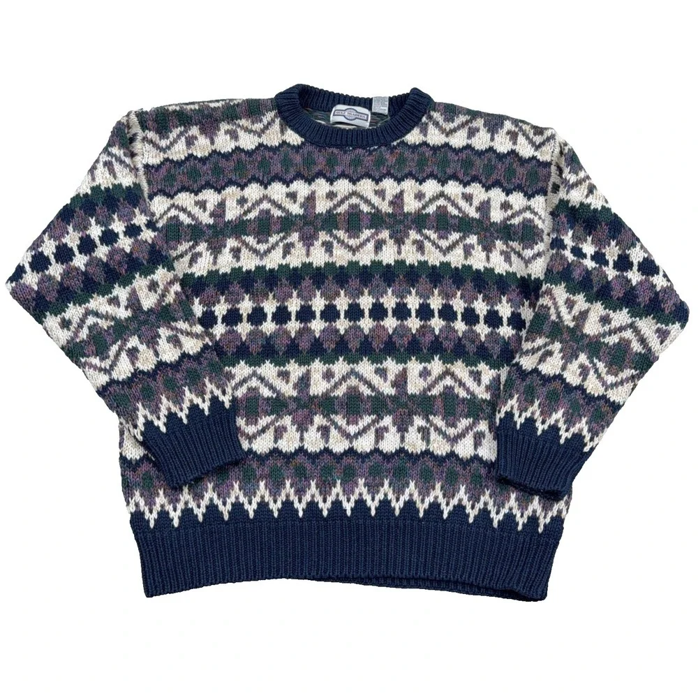 Vintage Grandpa Sweater Men Large Blue Geometric Heavy Knit Crewneck Cotton 90s